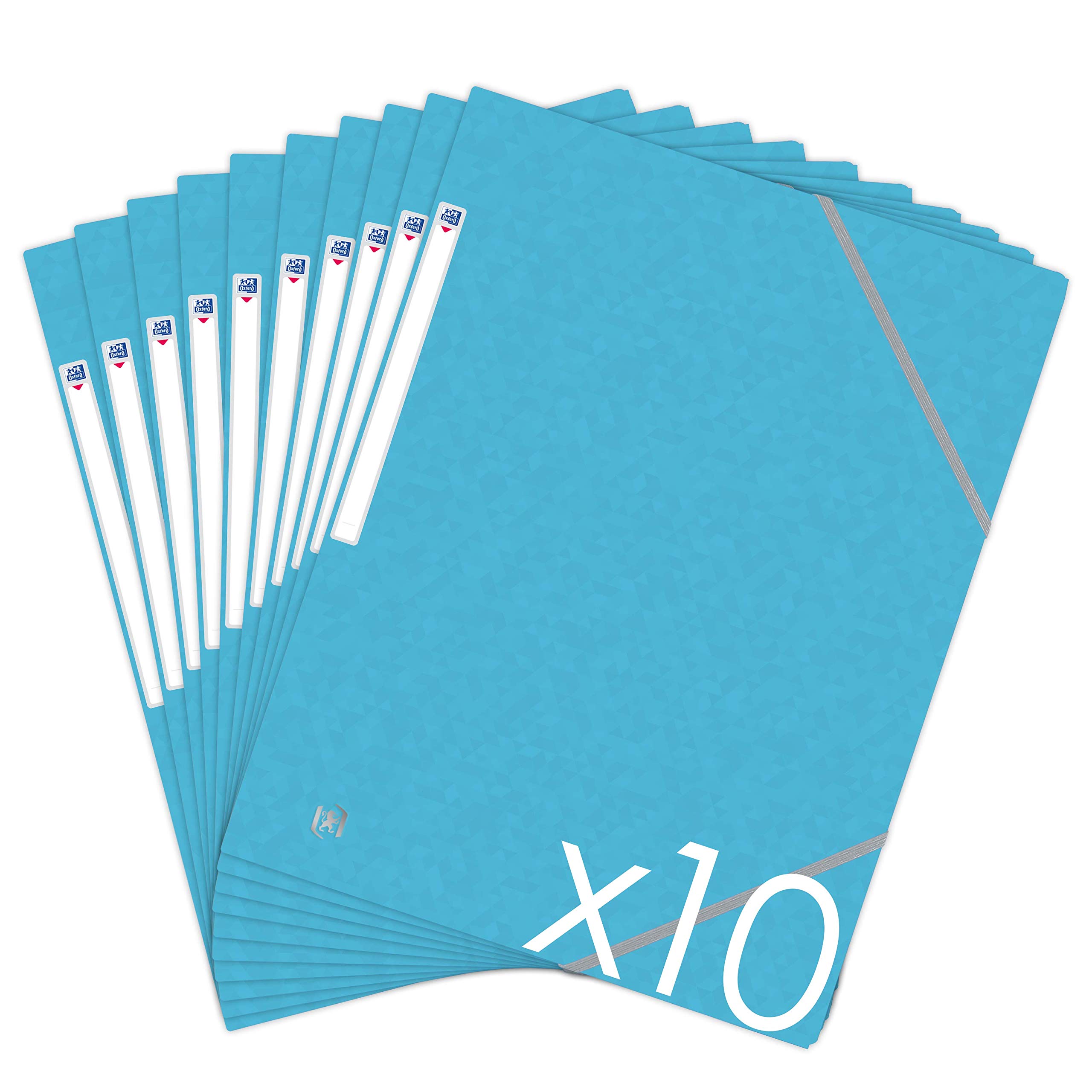 Oxford Topfile+ Pack of 10 Cardboard Folders with 3 Flaps A4 Elasticated Closure - Light Blue