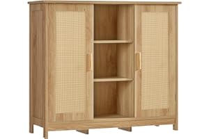 FIONESO Rattan Sideboard Buffet Cabinet with 4 Shelves & 2 Doors, Boho Coffee Bar Cabinet, Storage Cabinet for Kitchen, Livin