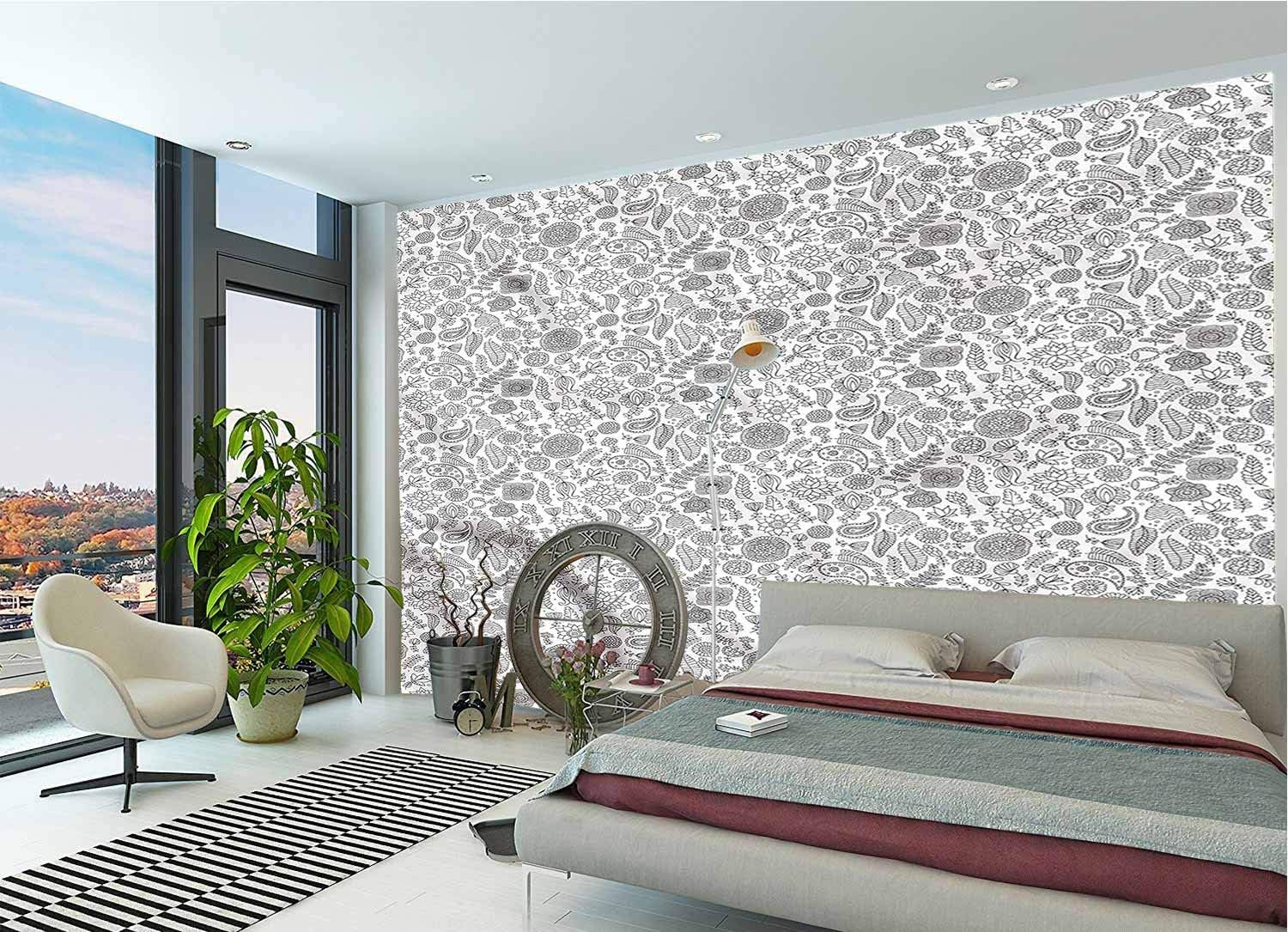 LCGGDB Black and White Wall Stickers Murals,Doodle Flowers Paperhanging Wallpaper for Office Livingroom Girls Bedroom Family Wall Decals-118x83 Inch