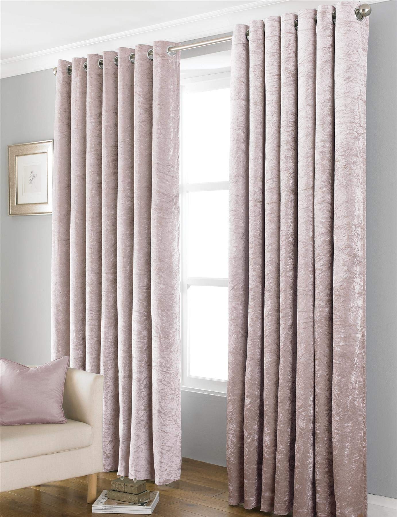 COUNTRY CLUB Crushed Velvet Fully Lined Blackout Eyelet Ring Top Curtains, Blush, 66x72