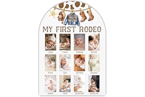 UIBOVA My First Year Photo Board, My First Rodeo Baby Milestone Signs for Boys Girls Nursery Decor, 12 Month Wooden Picture Board for 2x3 Photos, Best Babies Keepsake Gifts-A06