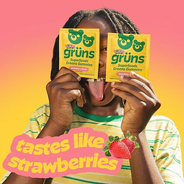 GRUNS MULTIVITAMIN FOR KIDS, SUGAR-FREE, SUPER GREENS SUPERFOOD GUMMY BEARS WITH 20 VITAMINS & MINERALS, ALFALFA, SPIRULINA, CHLORELLA, PREBIOTICS FIBER FOR DIGESTIVE HEALTH, ADAPTOGENS, 28 CT