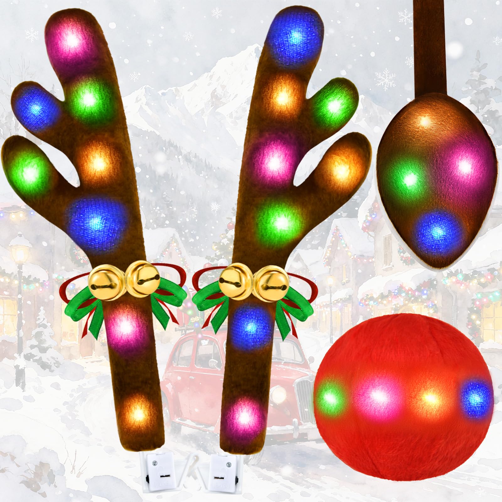Photo 1 of Christmas Car Decorations Reindeer Car Kit Antlers with Lights, Jingle Bells Rudolph Reindeer and Nose, Tail Cute Costume Auto Accessories for Trunk Vehicles SUV Antenna Toppers Multicolor