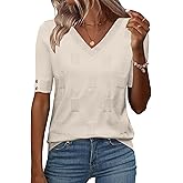 Zeagoo Womens Short Sleeve Sweater 2026 Summer V Neck Lightweight Sweater Tops Dressy Ribbed Knit Outfits with Buttons