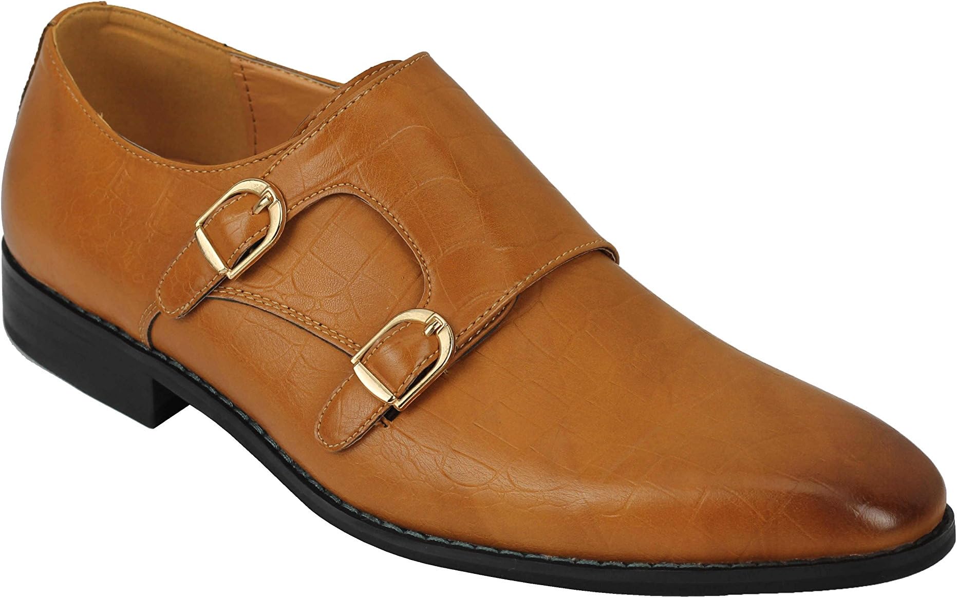 Xposed Mens Black Brown Leather Classic Double Monk Strap Buckle Retro Slip on Loafer Shoes