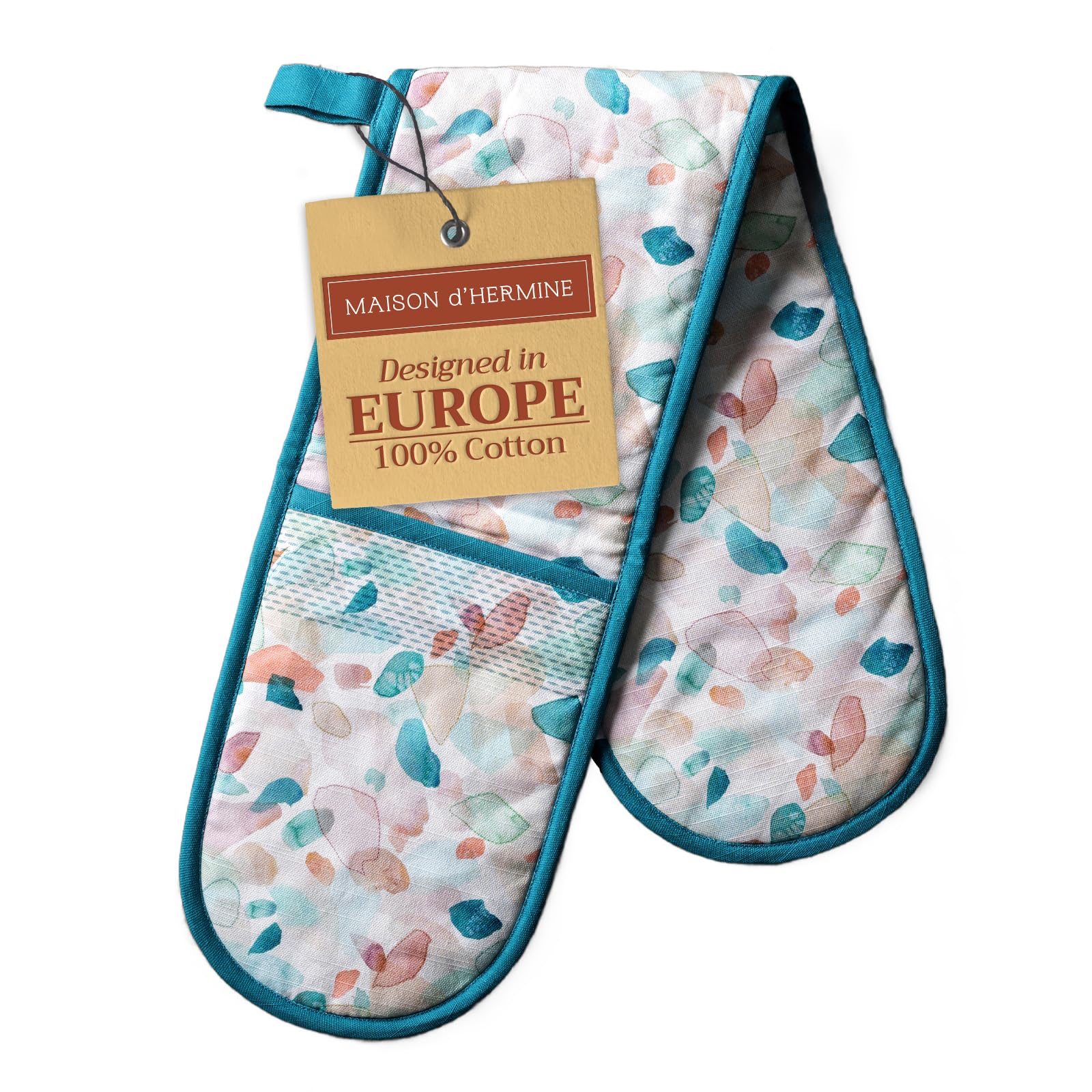 Maison d' Hermine Double Oven Mitts 100% Cotton 18 cm x 89 cm Double Oven Mitt Heat Resistant BBQ Cooking Gloves with Loop Baking Grilling Handling Hot Pans Gifts for Mothers Day (Summer Picnic)