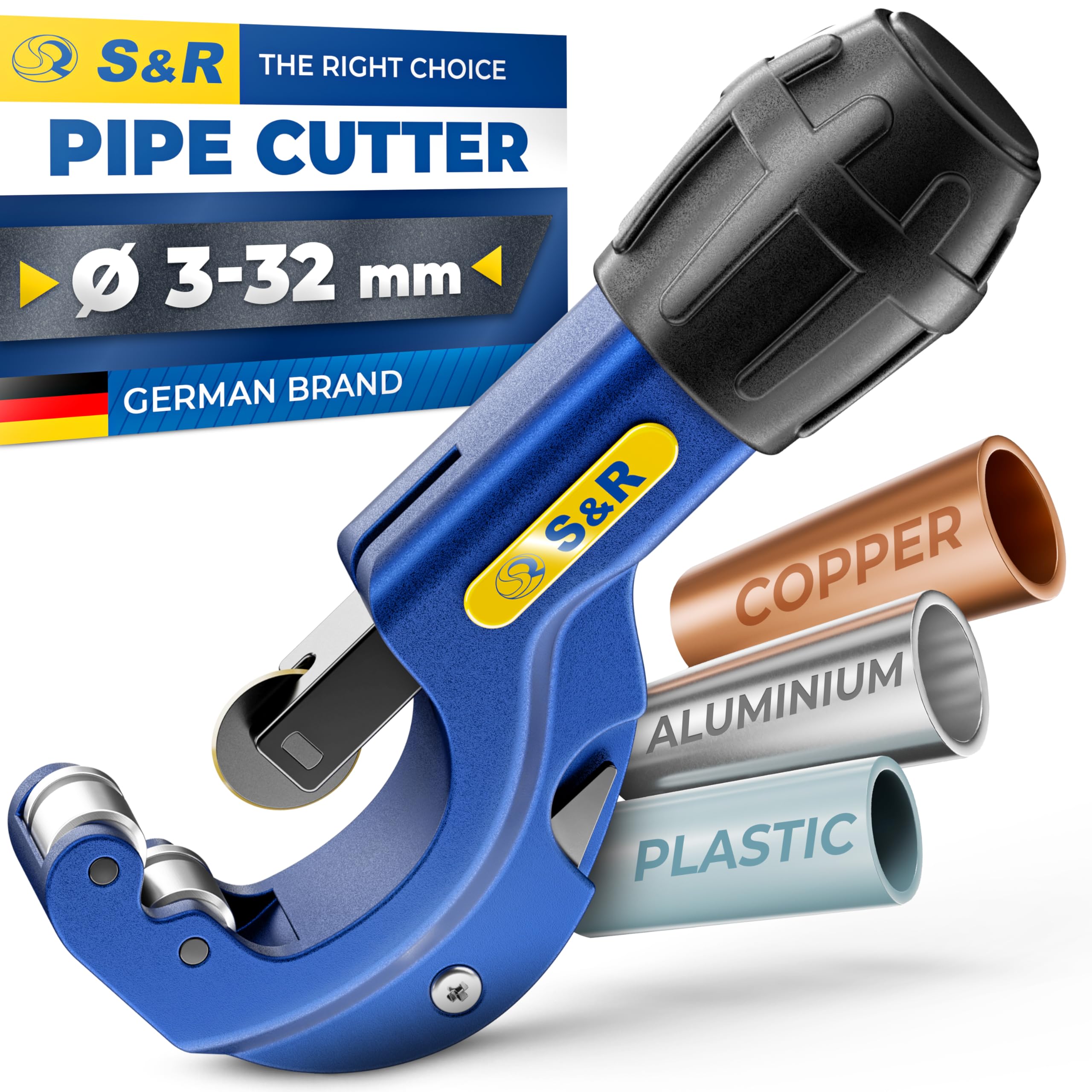 S&R Pipe Cutter for Copper, Aluminium & Plastic Pipes – Ø 3–32 mm – Solid Metal Body with Deburring Tool & Spare Blade – for Professional & Home Use