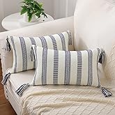 Smile Bee Boho Outdoor Couch Throw Pillow Covers Set of 2 Decorative Lumbar Thick Woven Striped Accent Neutral Pillow Covers with Tassels for Bed Sofa Home Decor 12x20 Inch, Navy Blue and Cream White