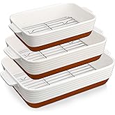 MALACASA Casserole Dishes for Oven with Roasting Racks, Ceramic Baking Dishes Set of 3, Baking Pan Casserole Dish Set, Rectangular Lasagna Pan Deep with Handles for Baking, Khaki White (14.5''/13''/10.5''), Series TARA
