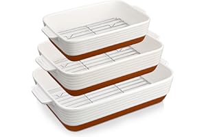 MALACASA Casserole Dishes for Oven with Roasting Racks, Ceramic Baking Dishes Set of 3, Baking Pan Casserole Dish Set, Rectan