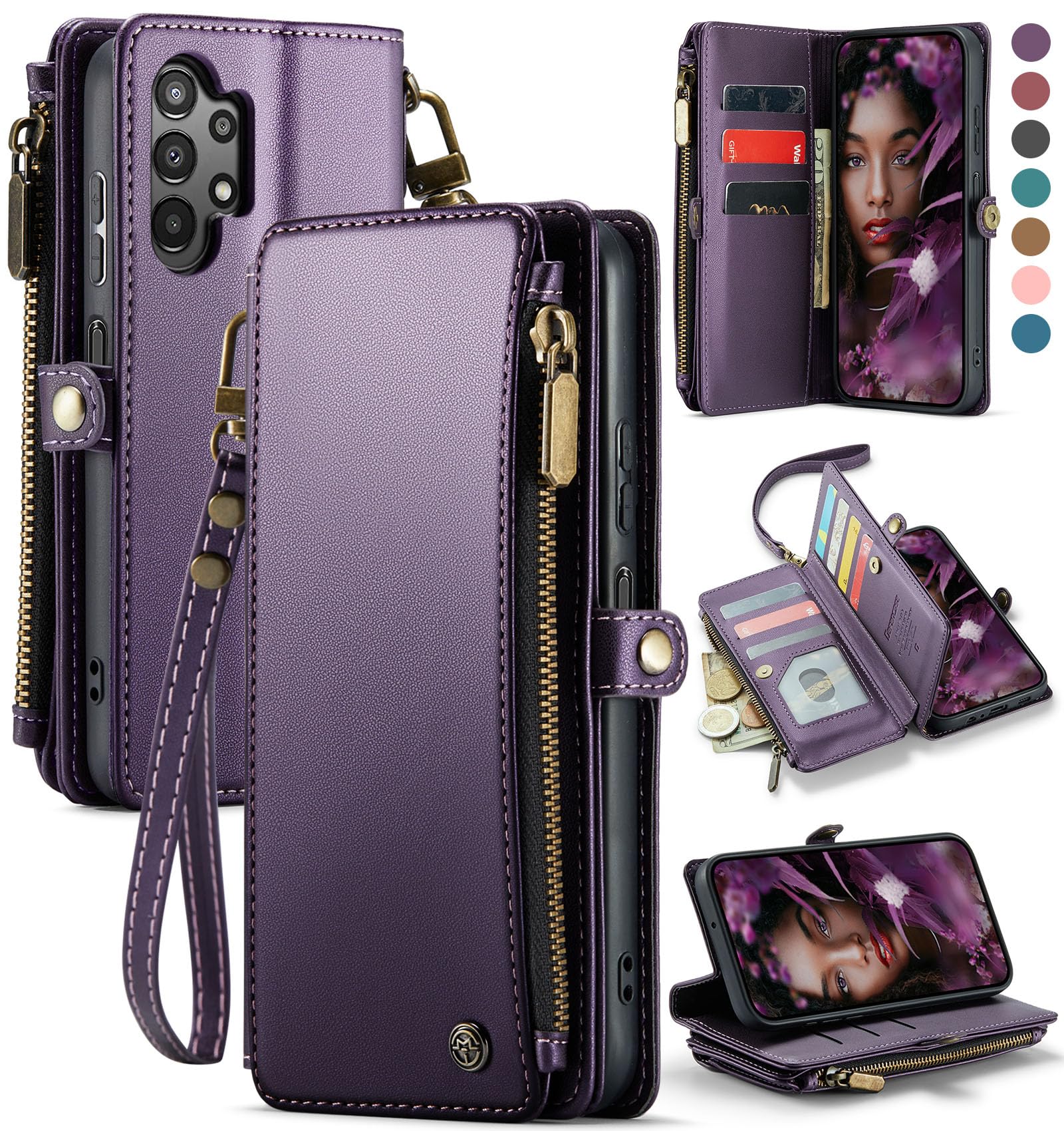 Photo 1 of Defencase Compatible with Galaxy A32 5G Case Wallet with RFID Blocking Card Holder for Women Men, PU Leather Magnetic Snap Flip Zipper Strap Wallet Phone Case Fit for Samsung Galaxy A32 5G, Purple