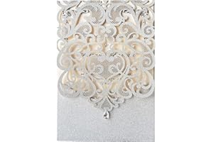 Hosmsua 5.1 x 7.3 Inch 50PCS Silver Glitter Wedding Invitation Cards with Rhinestone Laser Cut Hollow Flora Quinceanera Invit