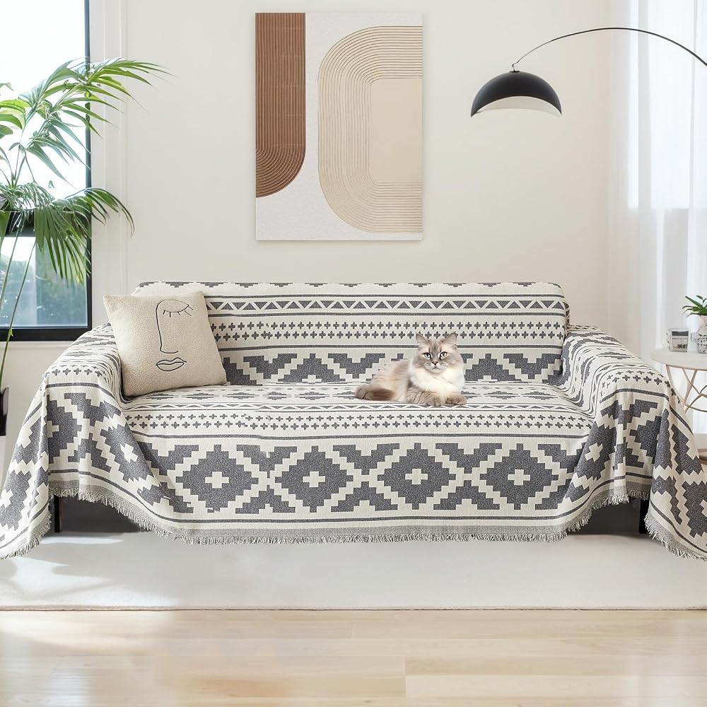 SHANNA Geometric Chenille Sofa Cover 2 3 4 Seater Tassel All Season