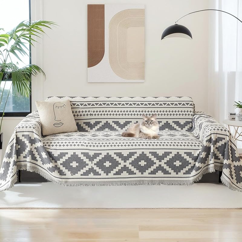 SHANNA Geometric Chenille Sofa Cover 2 3 4 Seater Tassel All Season