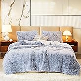 Luxury Faux Fur Shaggy Comforter Set King Size, Plush & Sherpa Reversible Comforter Grey with White, 3 Pieces Fluffy Fuzzy Bedding Set Ultra Soft and Warm for Winter (1 Comforter + 2 Pillowcases)