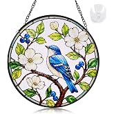 Stained Glass Window Hanging Suncatcher, 8 inches Bluebird Blossom Glass Sun Catcher for Windows, Round Window Decor Outdoor Hanging Garden Art, Sunroom Wall Art Gifts for Women