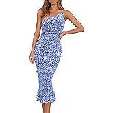 PRETTYGARDEN Women's Summer Midi Bodycon Dresses One Shoulder Strappy Tiered Ruffle Floral Boho Sun Dress