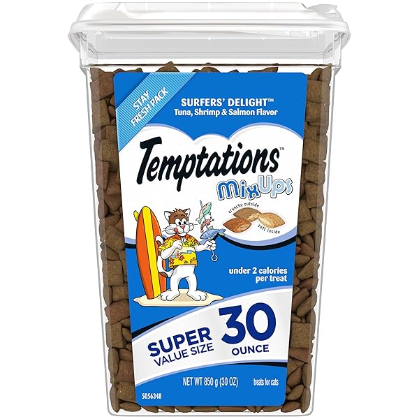TEMPTATIONS MIXUPS SURFER’S DELIGHT FLAVOR CRUNCHY AND SOFT CAT TREATS, 30 OZ. TUB