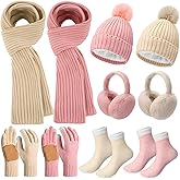 Cutecrop 10 Pcs Women Beanie Hats Winter Scarf Gloves Ear Muffs Fuzzy Socks Sets Warm Hat Scarf Glove Sets Winter Gifts(Beige and Pink)