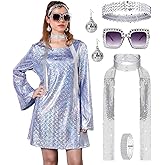 PARTTELY 70s Disco Outfit Women, 70s Theme Disco Dress Costume Shiny Go Go Dress for Halloween Birthday Dance Party