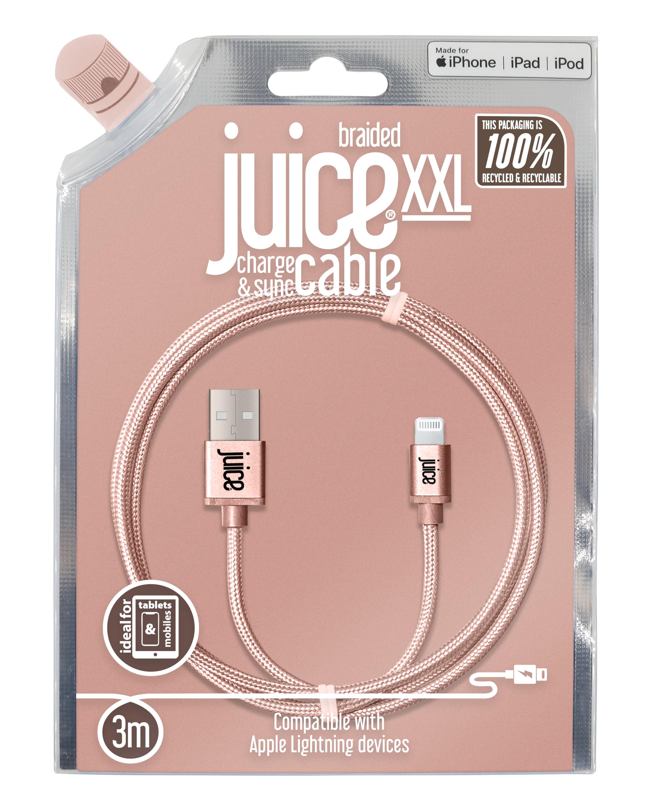 Juice Apple Lightning Cable 3m Braided Eco Rose Gold,iPhone 14, Max, Pro, Plus, iPhone 13, Max, Pro and Mini, iPhone 12, Max, Pro and Mini, iphone 11, Pro, X, Xr, iPhone 8, 7, 6, SE, 5, iPad,