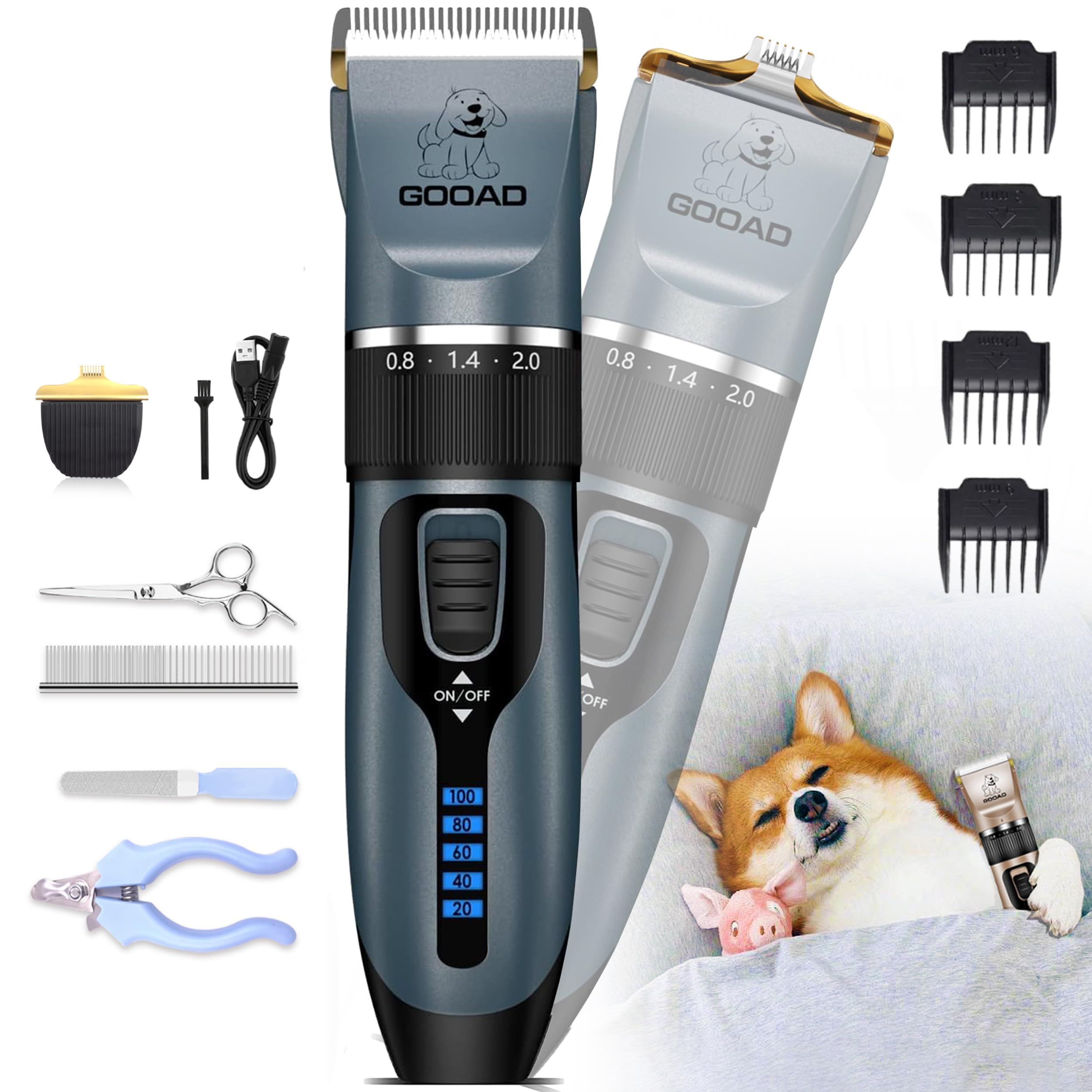 Gooad Dog Clippers Grooming Kit and Paw Trimmer,Cordless,Low Noise, Electric Quiet,Rechargeable, Dog Trimmer Grooming, Pet Hair Clippers for Thick Coats,Shaver for Small and Large Dogs Cats(Blue)
