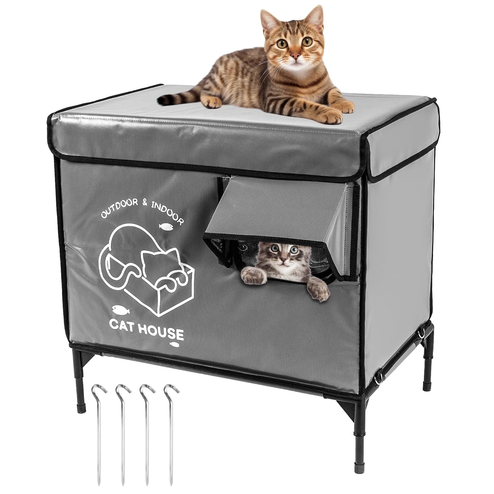 Photo 1 of Cat House Outdoor, Indestructible Elevated Feral Cat Shelter Weatherproof with Escape Door,Outside Waterproof Insulated Strayed Cat House for Winter(Gray)