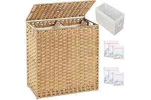 SETVSON Laundry Hamper with Lid Wicker Laundry Basket 112 L (29.6 Gal) Laundry Hampers Handwoven Rattan Clothes Hamper with Handles 3 Removable Liner Bag, 6 Mesh Bags for Bathroom Bedroom Natural