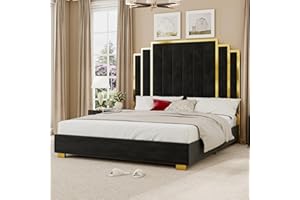 YUMPIE Queen Size Platform Bed Frame with 61" Extra Tall Headboard, Velvet Upholstered Bed with Golden Plating Trim, Wooden Slats/No Box Spring Needed/Noisy Free/Black
