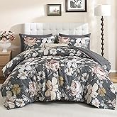 Luxudecor King Comforter Set 7 Pieces Bedding Sets,Gray Floral Comforter and Sheet Set,Soft Microfiber Bed in a Bag for All Seasons (Gray,104"x90")