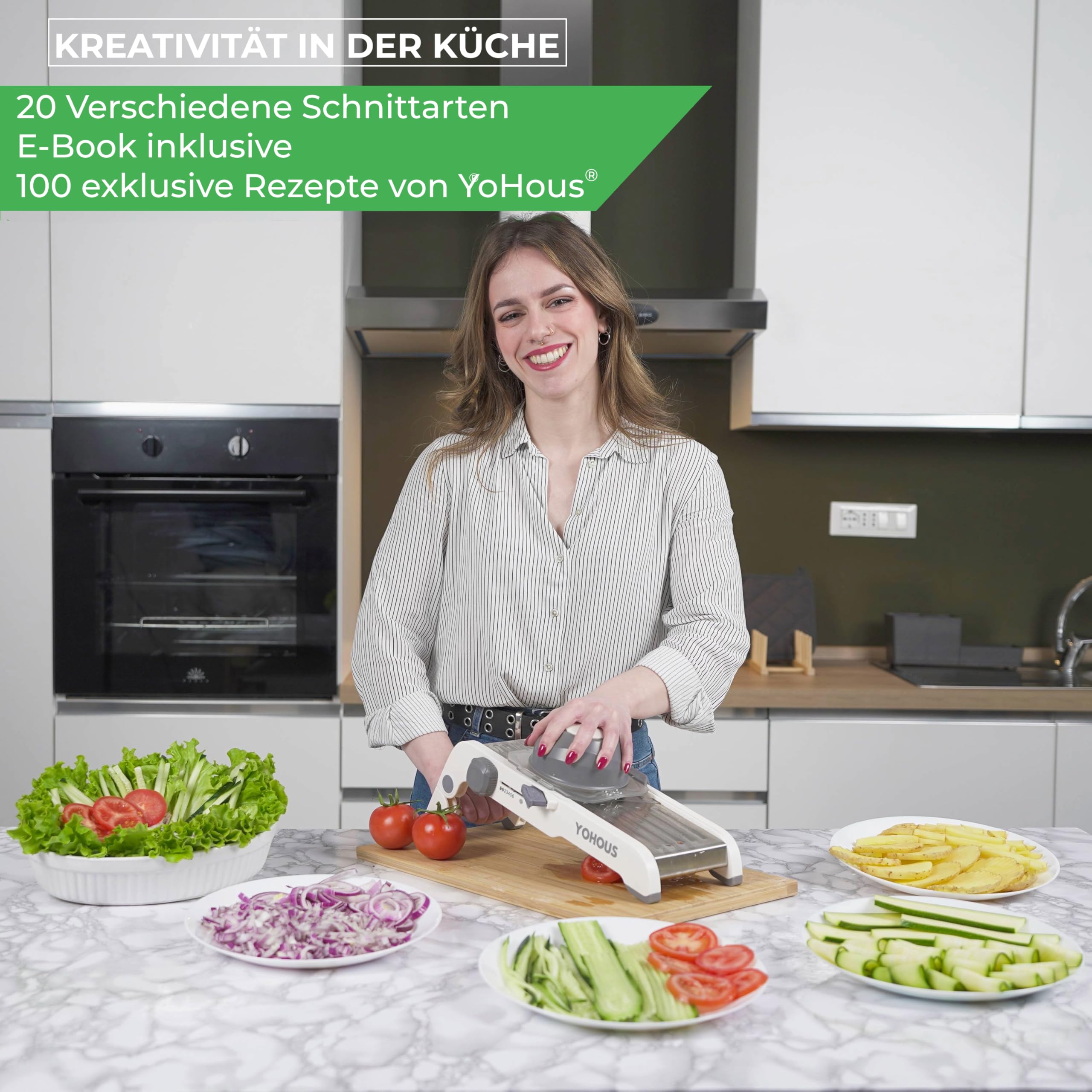 YoHous Gemüsehobel Mandoline Edelstahl – Professioneller Gemüseschneider mit einstellbarer Schnittstärke, Julienne/Würfel/Scheiben, spülmaschinengeeignet 2