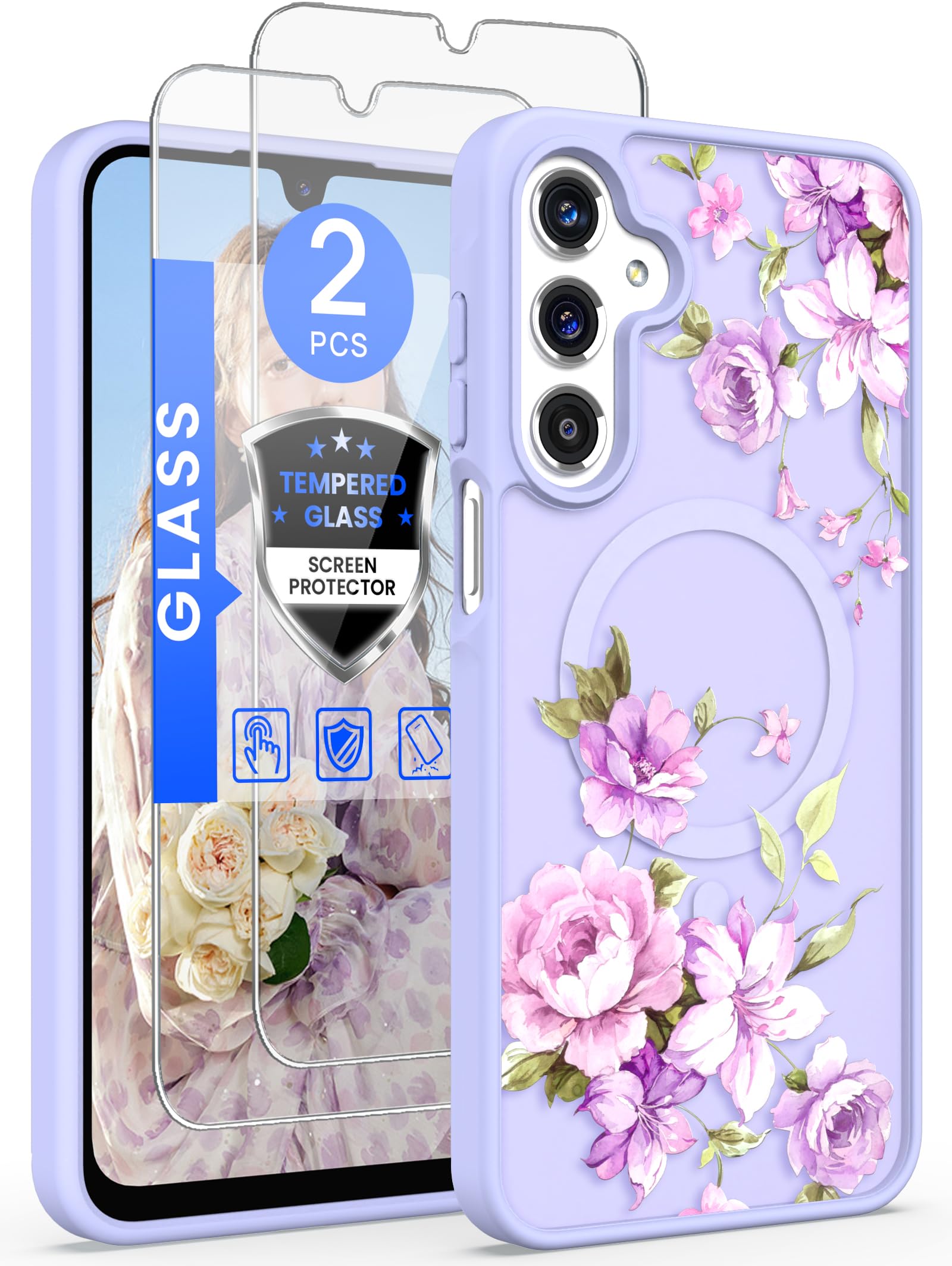 Yucenx for Samsung Galaxy A16 5G Floral Phone Case with 2X Screen Protector, Military Grade Magnetic Translucent Matte Girls Women Flower Pattern Protective Cover for A16 5G (Light Purple)