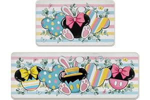 Croar Easter Kitchen Rugs Set of 2, Bunny Ears Eucalyptus Leaves Butterfly Kitchen Mats Decor, Colorful Stripes Bow Floor Doo