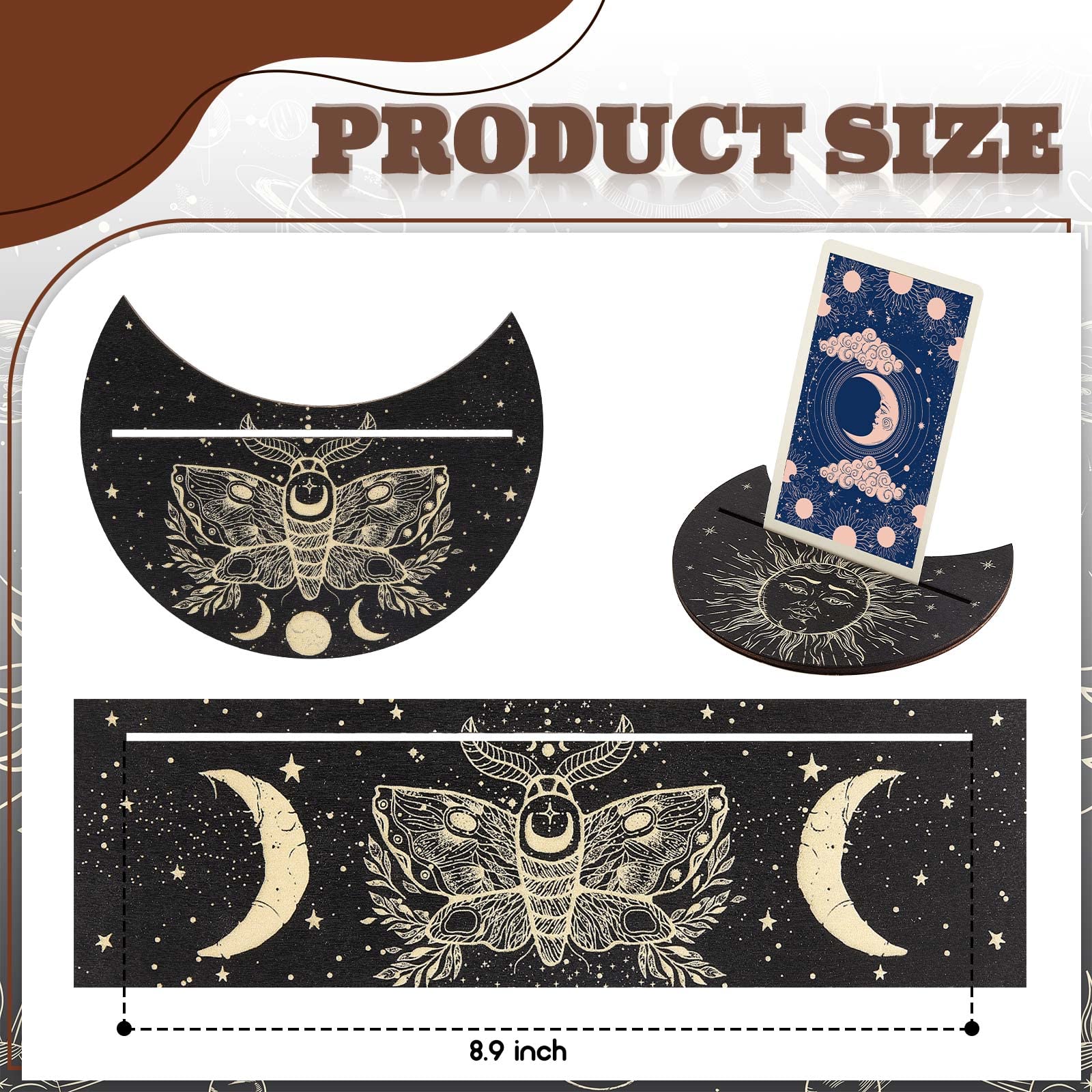 Queekay 4 Pieces Wooden Tarot Card Stand Holder Moon Phase Tarot Card Altar Stand Sun Moth Pattern Rectangle Moon Shape Wooden Display Holder Oracle Witch Divination Tools