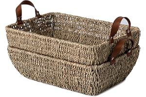 LAB COSI Labcosi Bathroom Baskets for Organizing, Toilet Paper Basket Organizer, Handwoven Seagrass Wicker Storage Baskets with Faux Leather Handles for Shelves, Large, Set of 2