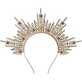 COSUCOS Sun Goddess Halo Crown - Sunburst Spiked Gold Headband Renfaire Fantasy Headpiece with Blue Pearl, Virgin Mary Goddess Headwear for Women Renaissance Costmue Halloween Wedding Accessorice