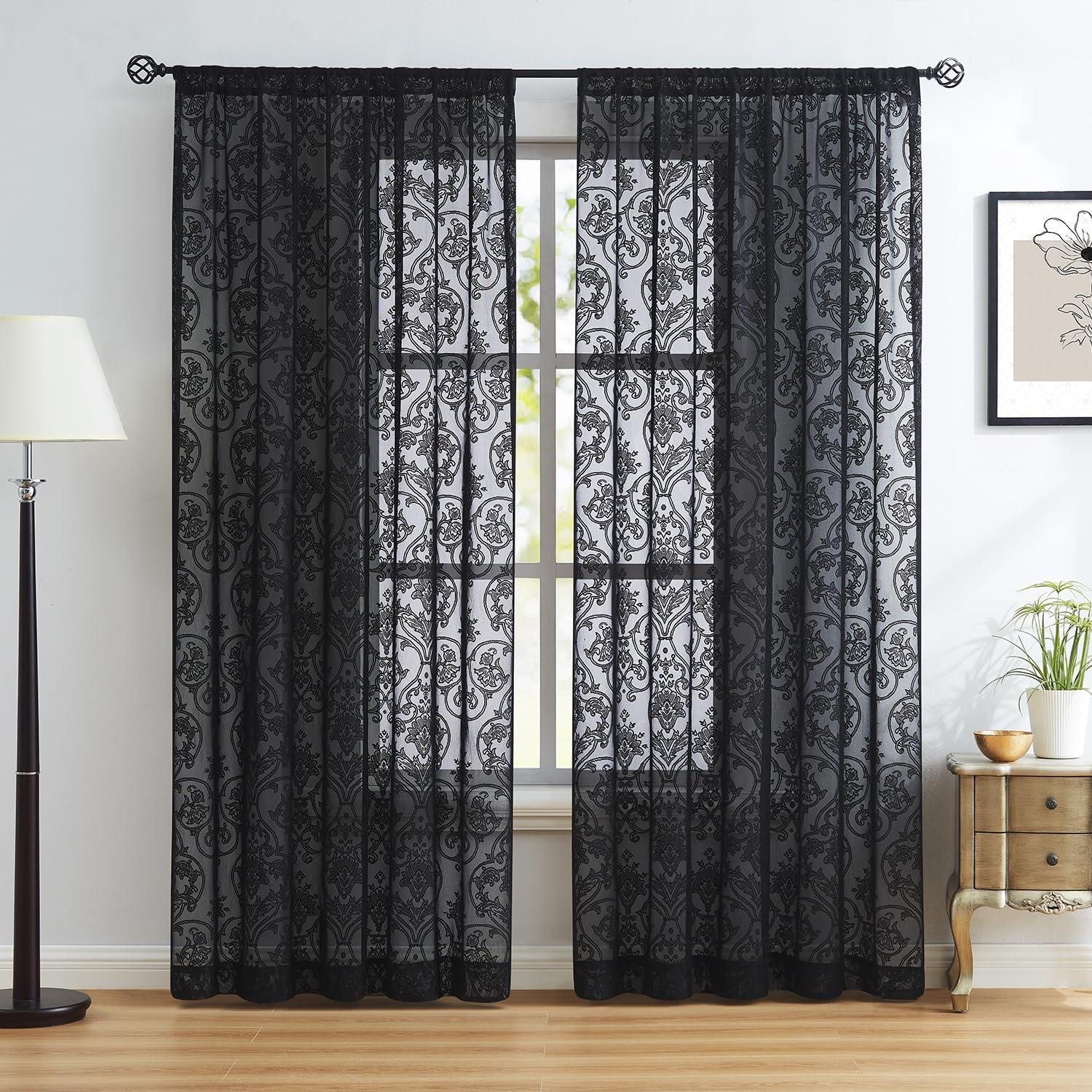 Abstractex Black Lace Net Curtains 90 Inches Long Damask Floral Sheer Panels for Bedroom Rod Pocket Luxury Vintage Light Filtering Victorian Window Treatment Sets for Living Room, 54" W 2 Panels