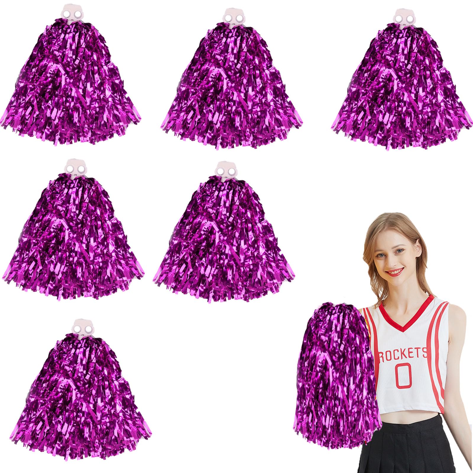 SKJAXF 6 Pack Cheerleader Pom Poms, Fluffy Cheerleading Pom Poms Pompoms Cheerleader Metallic Foil Pompoms with Plastic Finger Ring for Kids Adult Team Spirit Sports Party Dance Cheering (Rose Red)