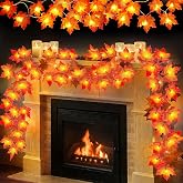 4 Pack Thanksgiving Decorations Fall Garland with Lights Total 40Ft 80LED | Fall Decorations for Home Enlarged Maples Leaves Thanksgiving Garland Battery Operated Autumn Decor Home Indoor Outdoor Party