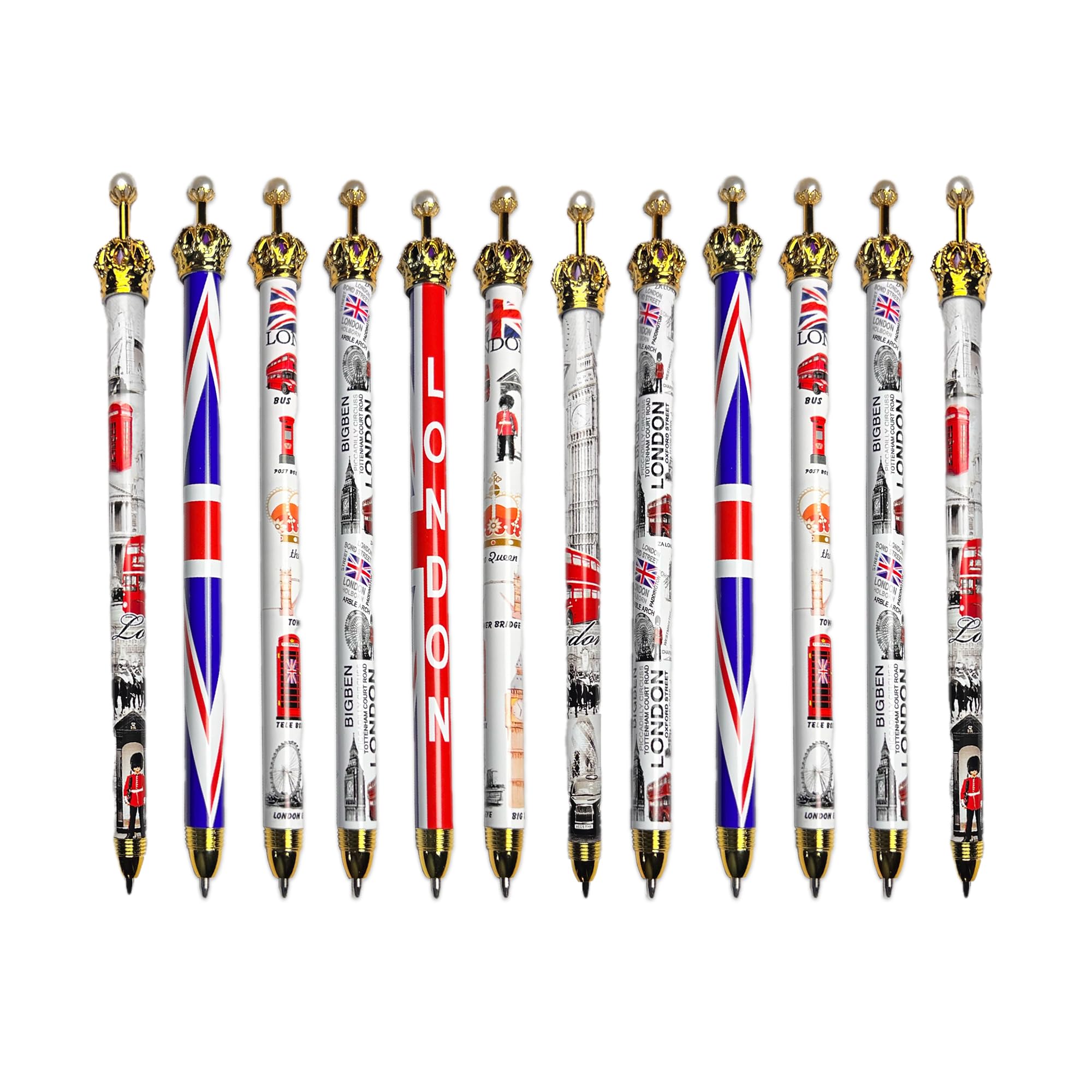 SAJAK 12-Pack London Icon & Union Jack Retractable Crown Top Ballpoint Pens | British Souvenir Gift Set | Novelty UK Stationery for Office, Party Favours & Collectables