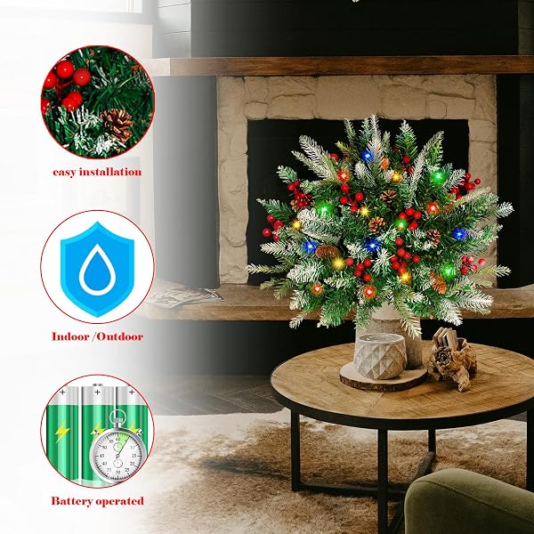 2 PACK LIGHTED ARTIFICIAL CHRISTMAS URN FILLER, BATTERY OPERATED PRE-LIT MINI XMAS TREES, TRIPOD STAKE AND LED LIGHTS CHRISTMAS PORCH DECORATIONS FOR PORCH, YARD, GARDEN, FLOWER BEDS（MULTICOLOR）