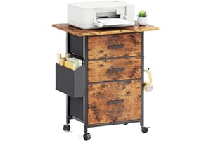 Mexin 3 Drawer File Cabinet with 24'' Extended Desktop, Mobile Filing Cabinet, Printer Stand, Rolling Printer Stand with Side Bag, Fabric Drawer, Fits A4 Size, Home Office,Rustic Brown