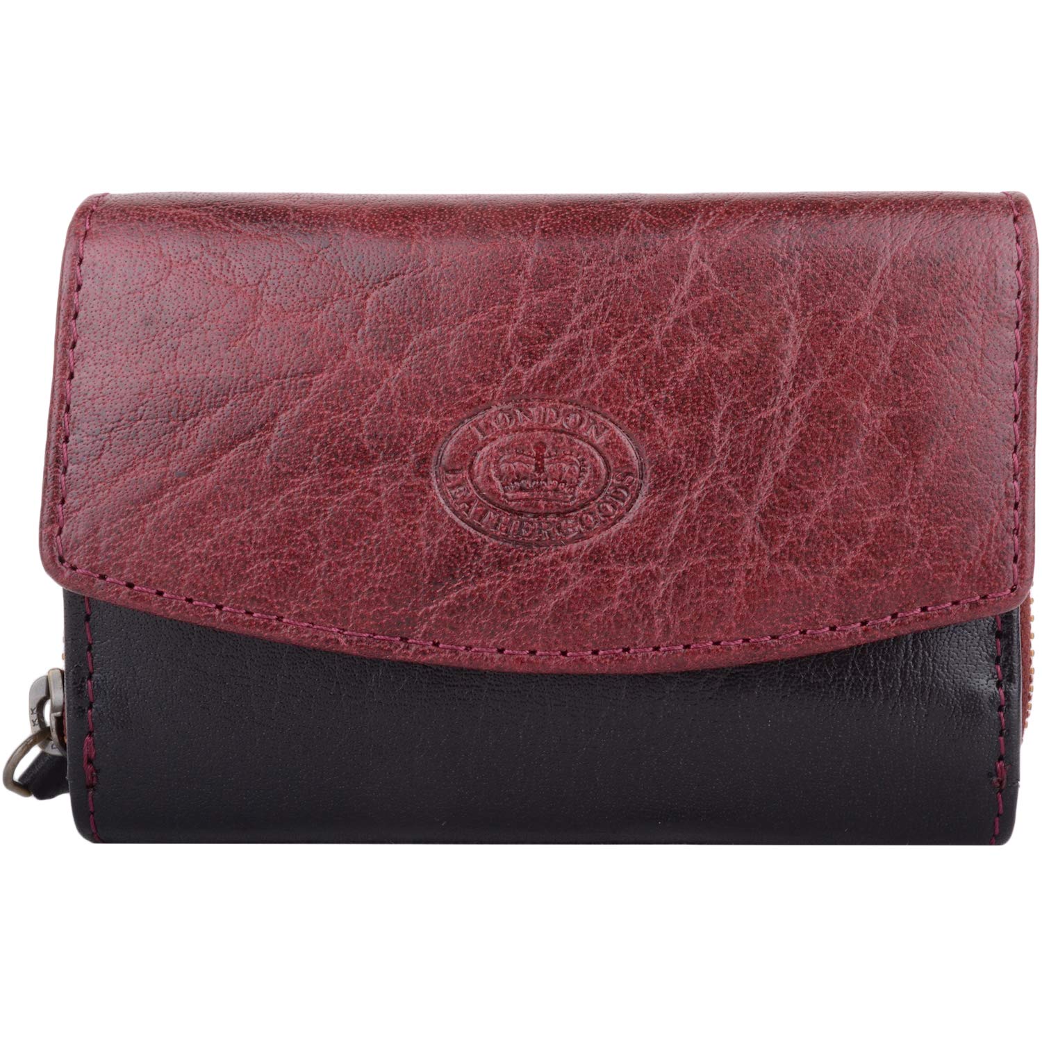 Womens Multi-Functional Buffled Crumple Leather RFID Protected Money Credit Card Purse - Dark Red/Black