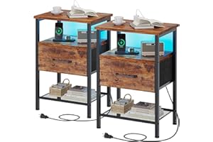 TRIFEBLE Night Stand Set 2, End Table with Charging Station, LED Bedside Table with Fabric Drawer for Bedroom, 3-Tier Side Table with Open Shelf, Rustic Brown