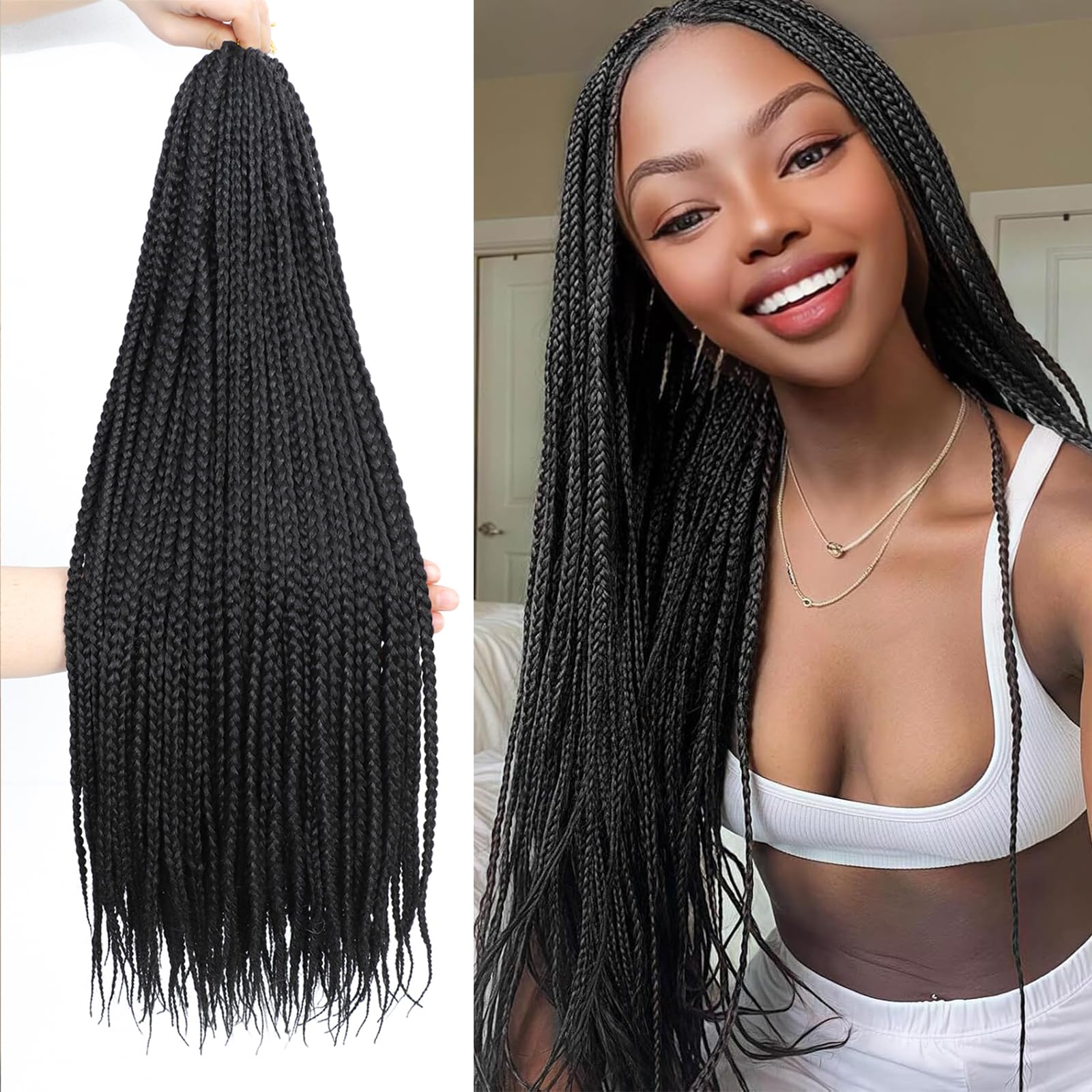 Pre-Looped Box Braids Crochet Hair Extensions - 22 Inch Goddess Synthetic Braiding for Black Women (1B)