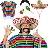 Unittype 6 Pcs Mxeican Costume Set Sombrero Hat Serape Poncho Mustache Maracas Fiesta Outfit Mexco Accessories