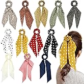 Cinaci 12 Pack Stretchy Hair Scrunchies with Long Ribbon Bow Floral Polka Dot Solid Hair Ties Elastics Hairbands Silk Chiffon Ponytail Holders Rubber Bands Accessories for Women Girls