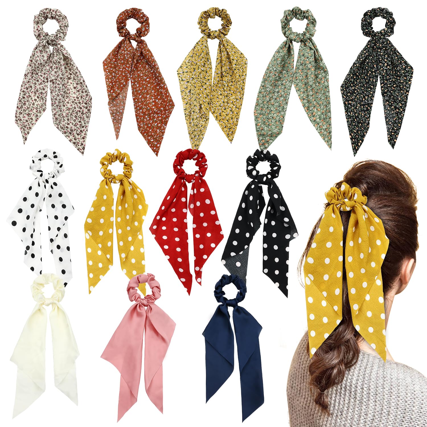 Cinaci 12 Pack Stretchy Hair Scrunchies with Long Ribbon Bow Floral Polka Dot Solid Hair Ties Elastics Hairbands Silk Chiffon Ponytail Holders Rubber Bands Accessories for Women Girls