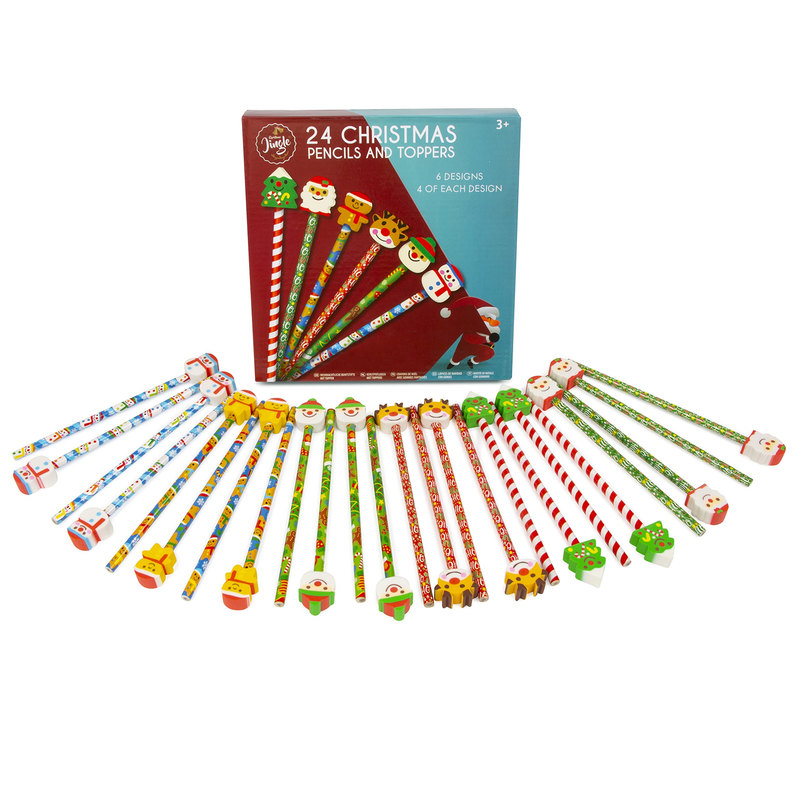 Christmas Jingle 24 Christmas Pencils With Rubbers On The End - Christmas Stocking Fillers for Kids - Christmas Gifts for Class - Funky Pencils for Kids
