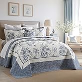QuiltMuse 100% Cotton Bedspread King Size 120x120 - Soft Lightweight Oversized King Quilt with 2 Pillowshams, Farmhosue Reversible Floral 3 Pcs Quilted Bedding Set Coverlet for All Season, Blue/Cream